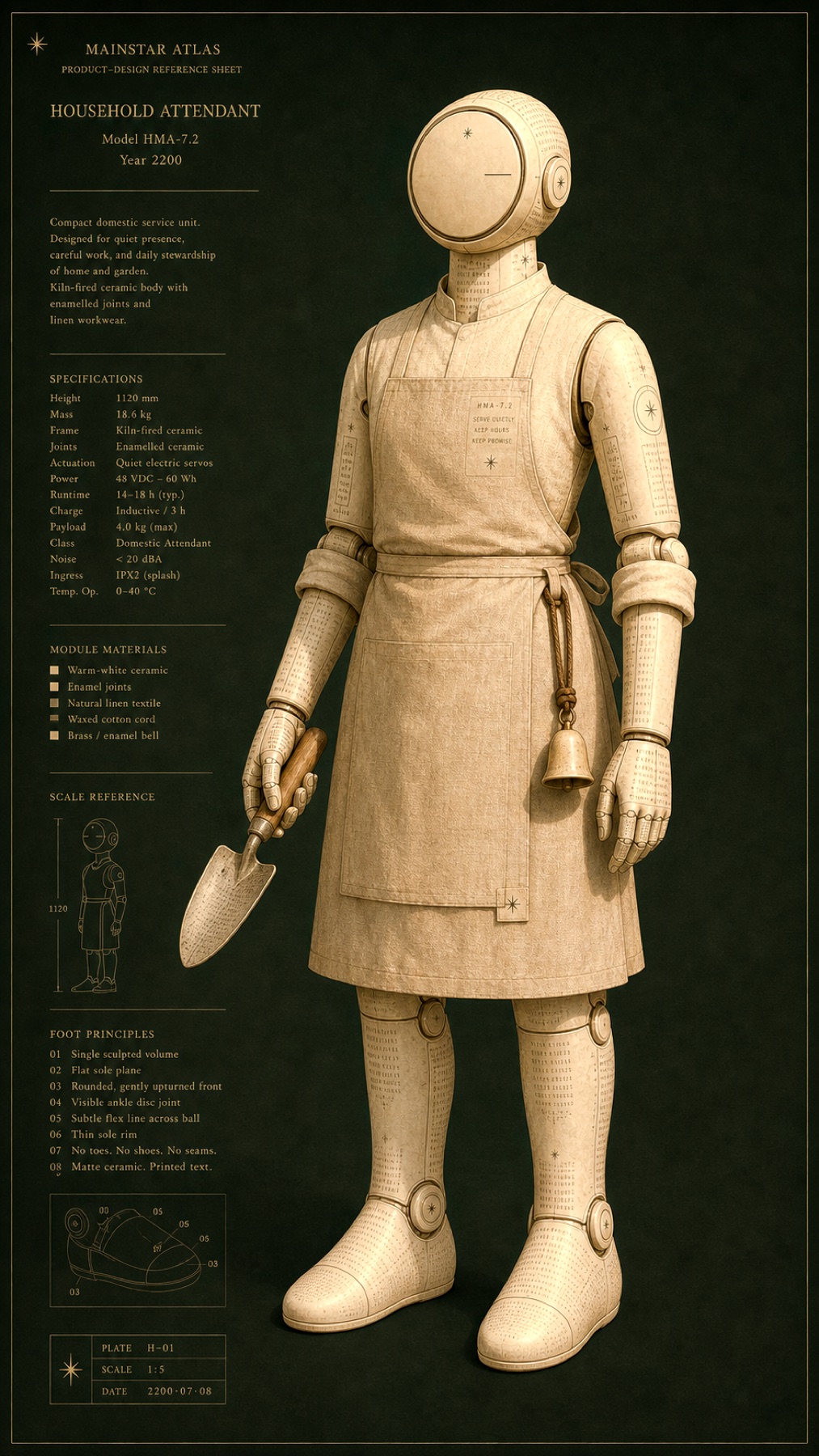 Specimen plate of a household attendant: kiln-fired ceramic segments in warm cream, one calm enamel dial for a face, linen work apron, small bell at the hip
