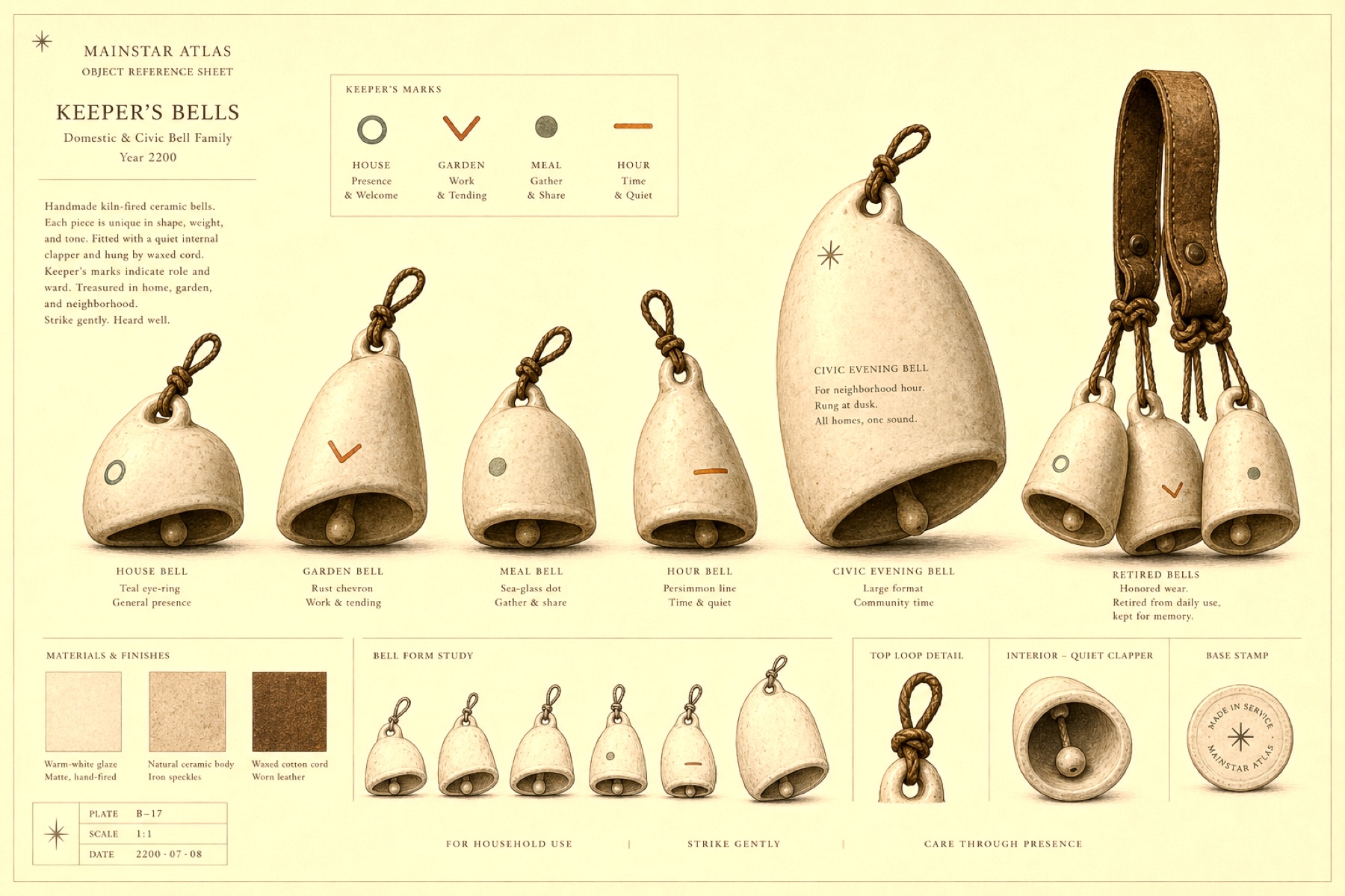 Specimen plate of the bell family: small asymmetric ceramic bells with painted keeper's marks, from the plum-sized personal bell to the fist-sized machine bell