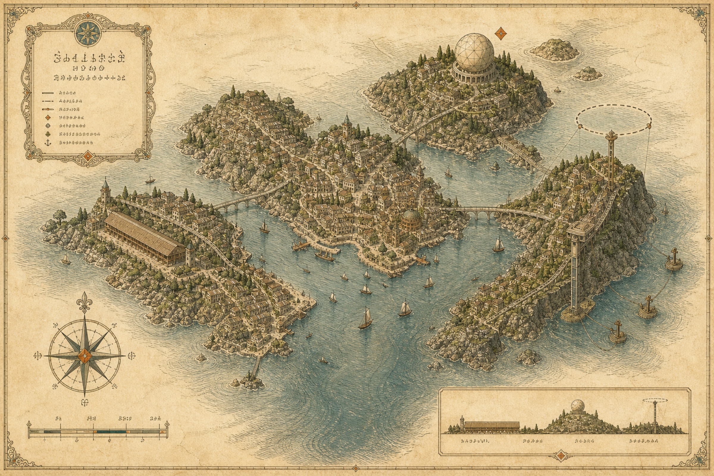 The canonical map of Mainstar: harbor mouth, hill island with the Starosphere northeast of the harbor, the western quay, and the Starport moored to the eastern ridge