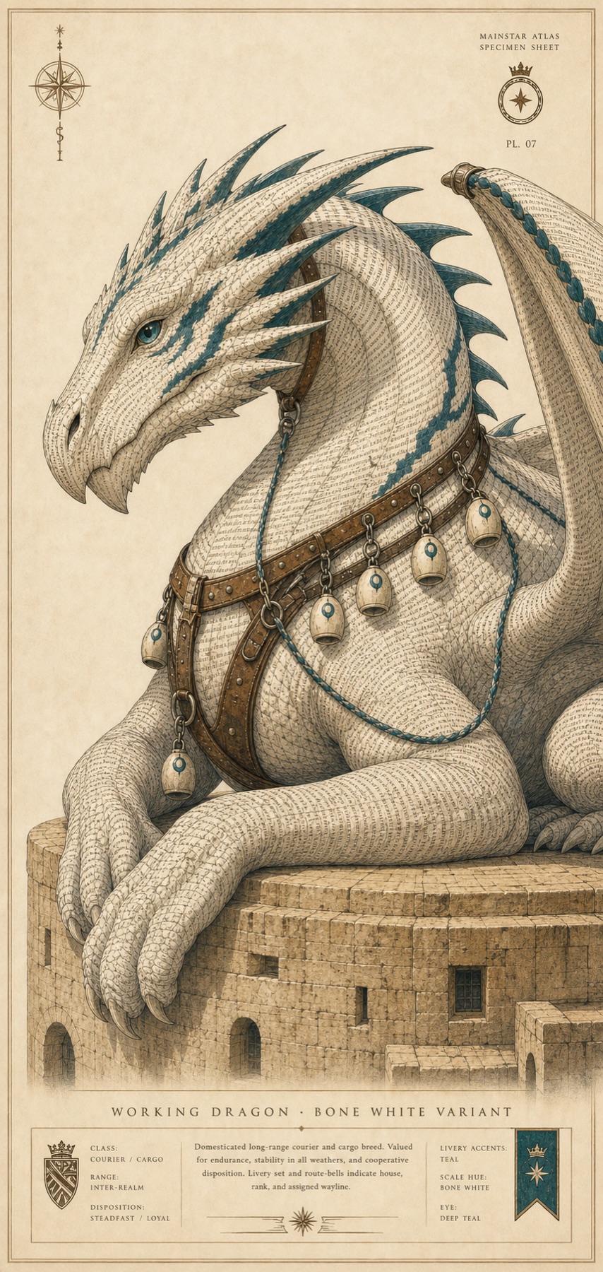 Specimen plate of a Mainstar dragon: bone-white hide carrying fine ink-toned typeset along its contours, teal wing edges and crest, deep teal eyes, ceramic route-bells in its livery