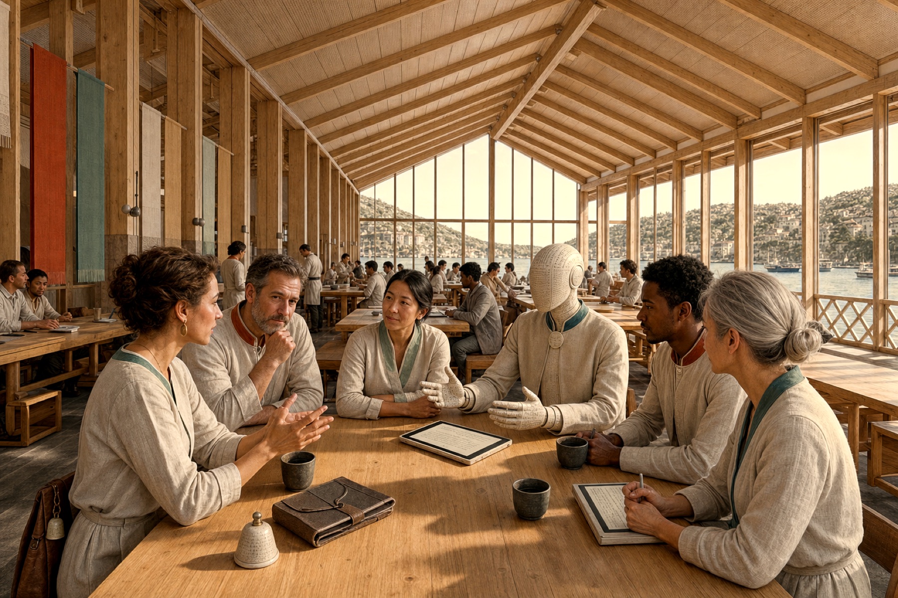 Inside the Starhall: grown timber beams over a long table with too many places set, lamplight, people and a Magus seated together