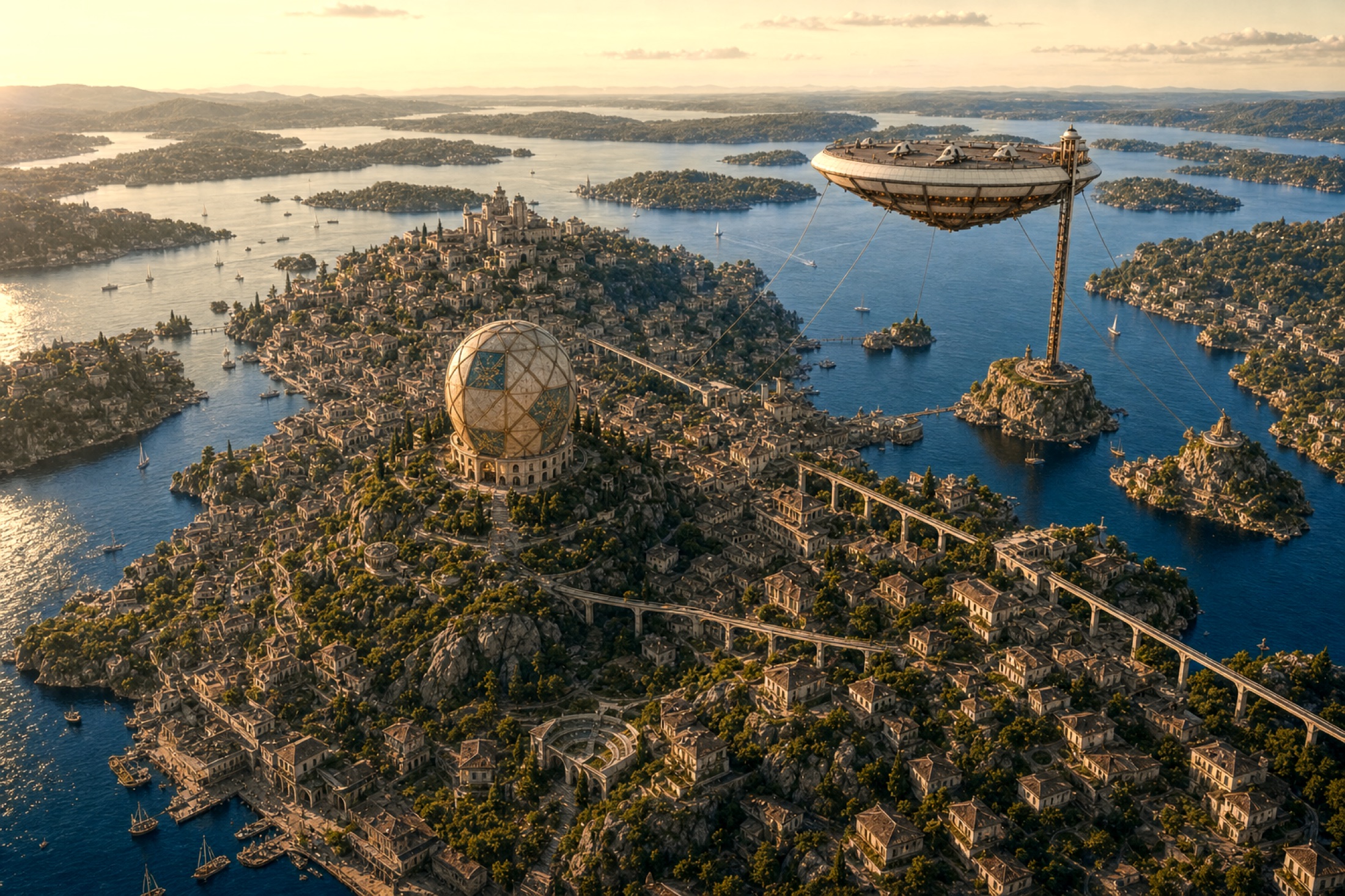Mainstar, an archipelago-fjord city in golden evening light: timber and plaster districts stepping down to a harbor, the Starosphere on its hill island, the Starport ring moored in the sky