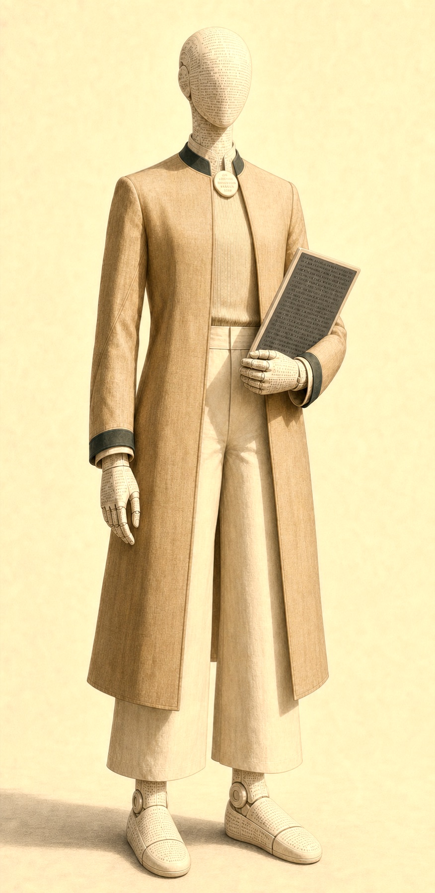 Specimen plate of a Magus: a graceful humanoid figure in continuous matte warm-white ceramic, earless smooth skull, fine ink-toned tokenscript flowing over face and hands, dressed in a longline collarless linen coat