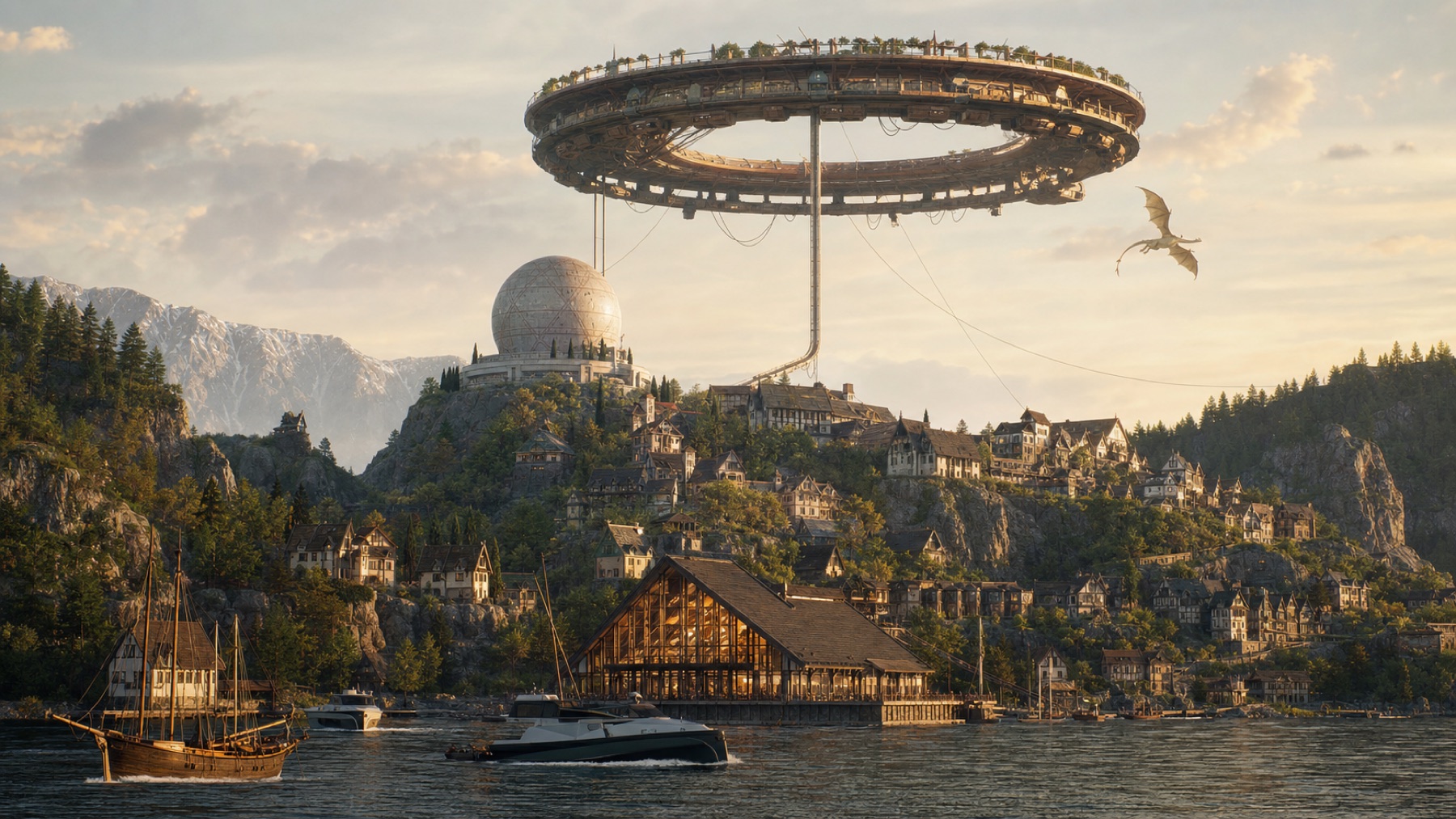 The Starport ring seen in context above the capital skyline at golden evening, its mooring cables and monorail spine reaching down to the eastern ridge